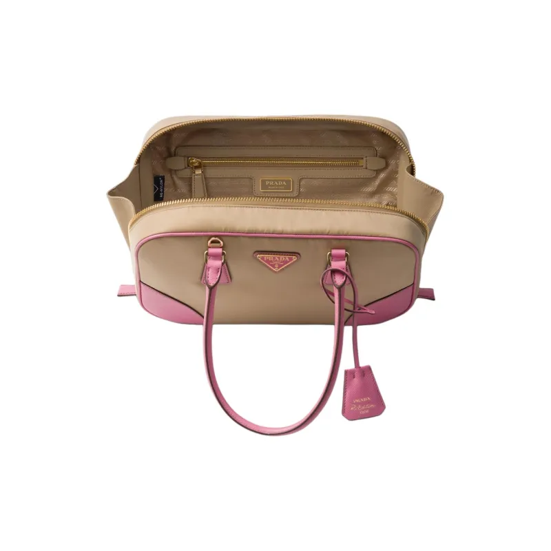PRADA Re Edition Nylon And Leather Shoulder Bag Crossbody Bag Handbag Medium Size Women's Camel & Pink-3