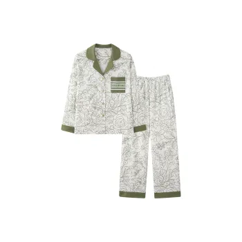 MIIOW Pajama Set Women's Milk White Green Floral Bud