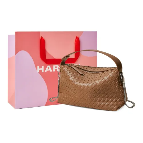 HARSON Cow Leather Hand-Woven Shoulder Bag Crossbody Bag Handbag Small Size Women's Caramel Plaid Alaska White