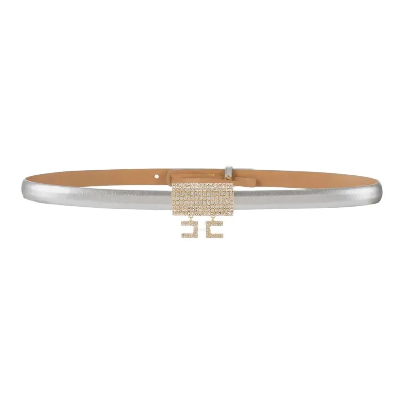 Elisabetta Franchi Logo Buckle Smooth Buckle Leather Belts Women's Silver-0