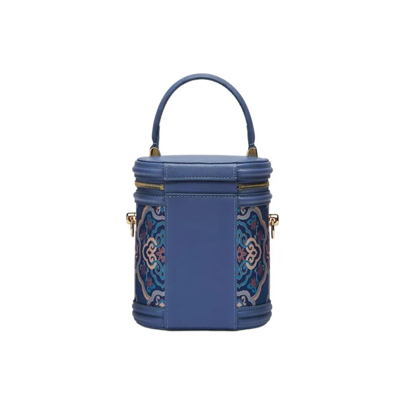 Pmsi Split Cow Leather With Mulberry Silk Bucket Bag, Shoulder Bag, Crossbody Bag, Handbag Trumpets Women's Blue-5