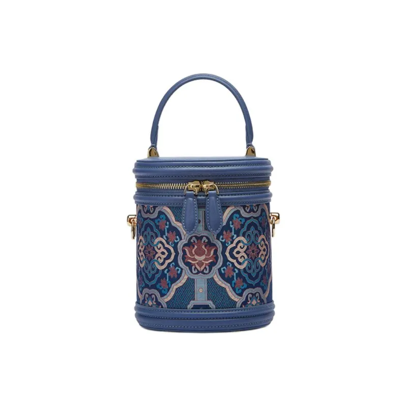 Pmsi Split Cow Leather With Mulberry Silk Bucket Bag, Shoulder Bag, Crossbody Bag, Handbag Trumpets Women's Blue-1