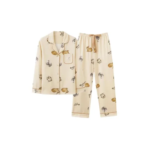 MIIOW Pajama Set Women's Beige Multicolor Rabbit
