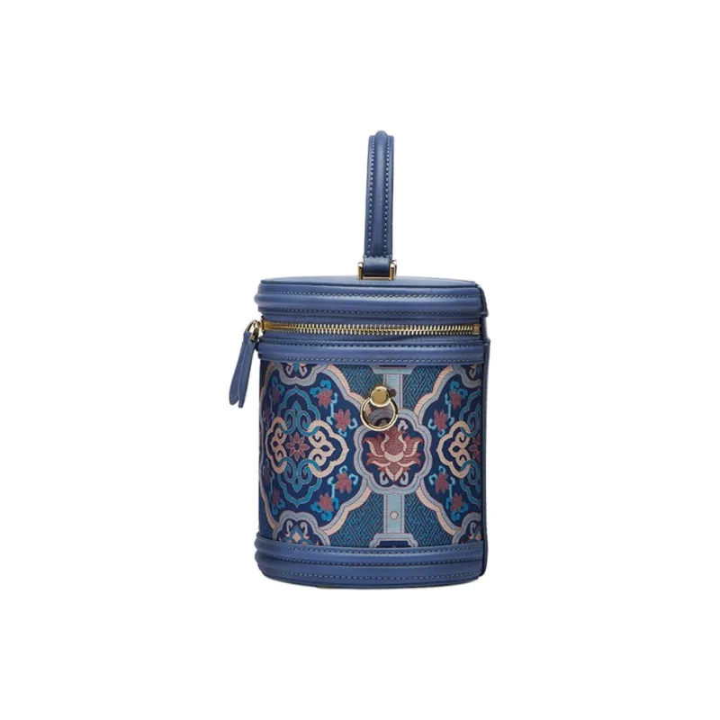 Pmsi Split Cow Leather With Mulberry Silk Bucket Bag, Shoulder Bag, Crossbody Bag, Handbag Trumpets Women's Blue-4