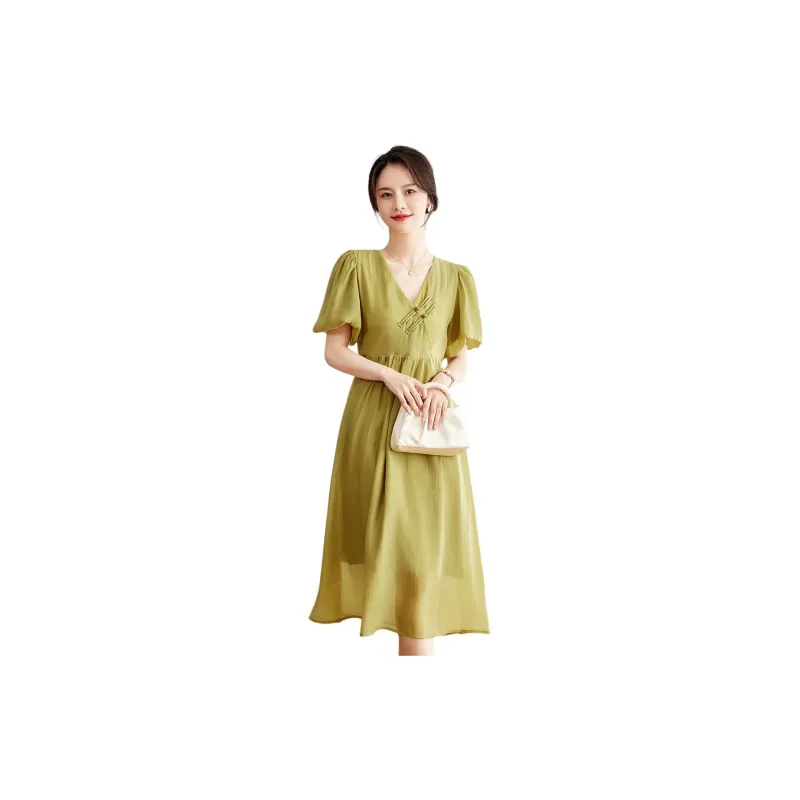 Emodues Short Sleeved Dress Women's Mustard Green-1