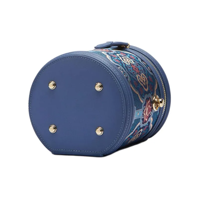 Pmsi Split Cow Leather With Mulberry Silk Bucket Bag, Shoulder Bag, Crossbody Bag, Handbag Trumpets Women's Blue-6