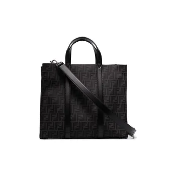 FENDI Jacquard Fabric With Leather Tote Bag, Shopping Bag, Shoulder Bag, Crossbody Bag, Handbag Men's Black Gray