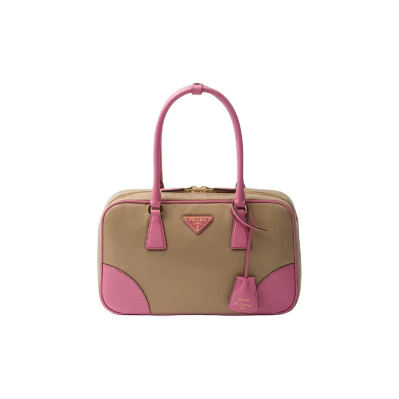 PRADA Re Edition Nylon And Leather Shoulder Bag Crossbody Bag Handbag Medium Size Women's Camel & Pink-0