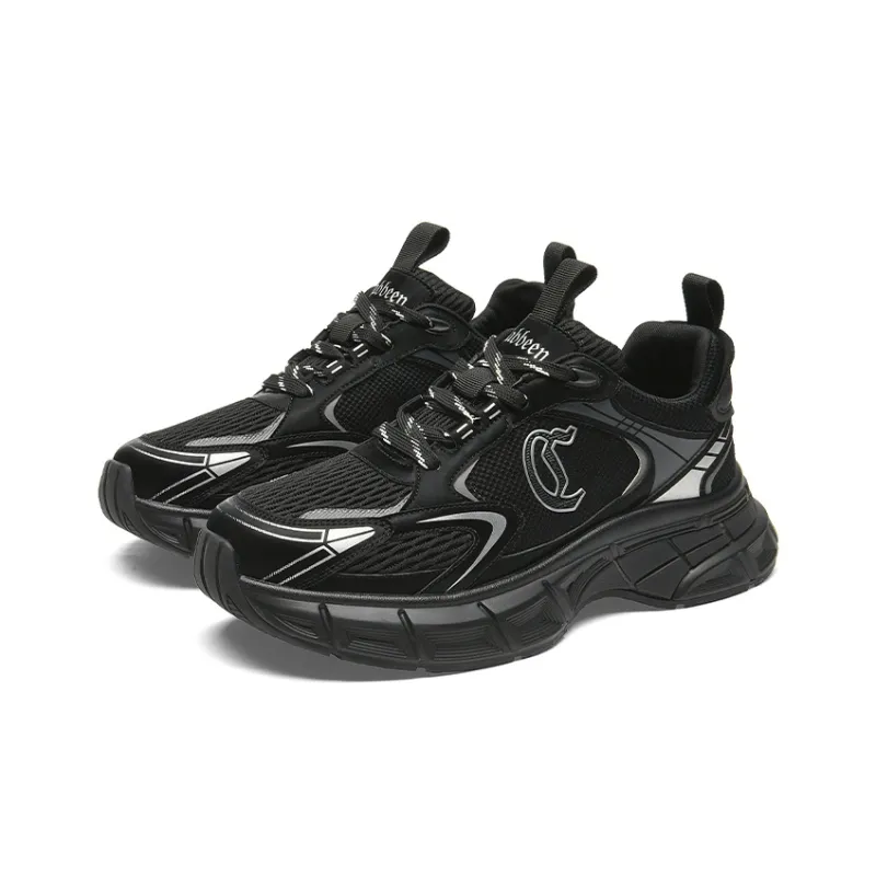 Cabbeen Trendy Patchwork Fashion Platform Height Increasing Breathable Low-Top Chunky Sneakers Men's Black-2