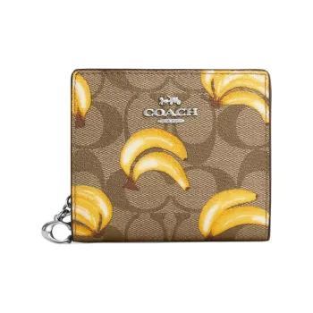 COACH Snap Wallet Canvas Wallet Mini Women's Silver & Khaki & Dark Color Saddle Brown