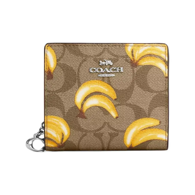 COACH Snap Wallet Canvas Wallet Mini Women's Silver & Khaki & Dark Color Saddle Brown-0