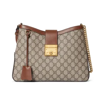 GUCCI Padlock Canvas With Leather Binding Handbag Shoulder Bag Women's Beige & Ebony