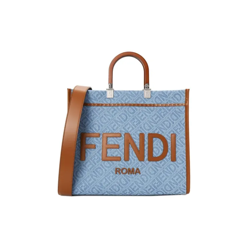 FENDI Sunshine Denim Tote Bag, Shopping Bag, Handbag Medium Size Women's Light Blue-0