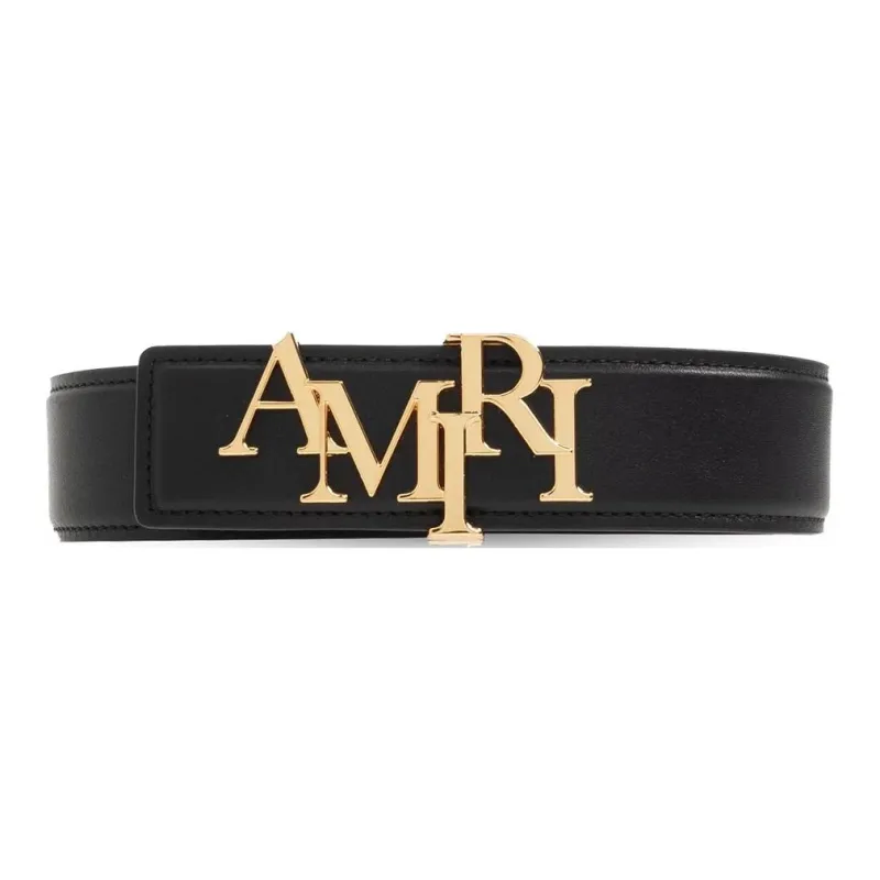 AMIRI Letter Emblem Smooth Buckle Calfskin Leather Belts Men's Black Width 3.5CM-0