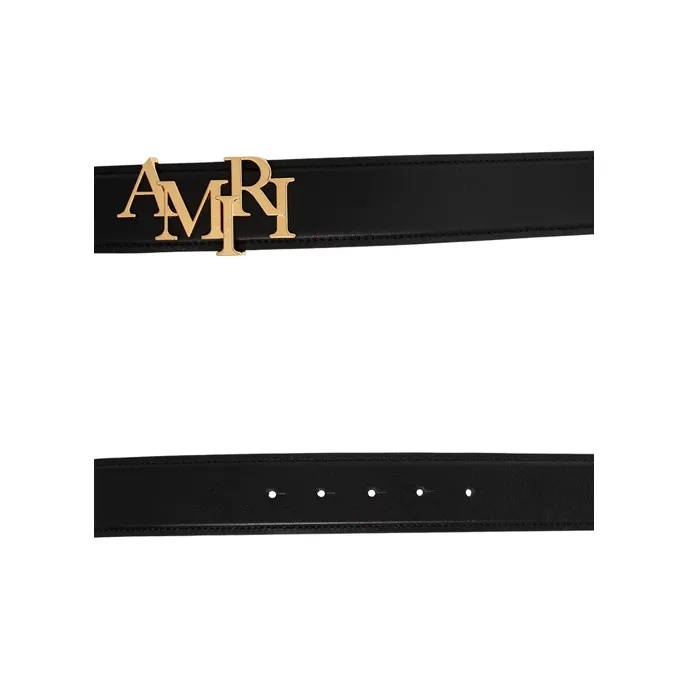 AMIRI Letter Emblem Smooth Buckle Calfskin Leather Belts Men's Black Width 3.5CM-2