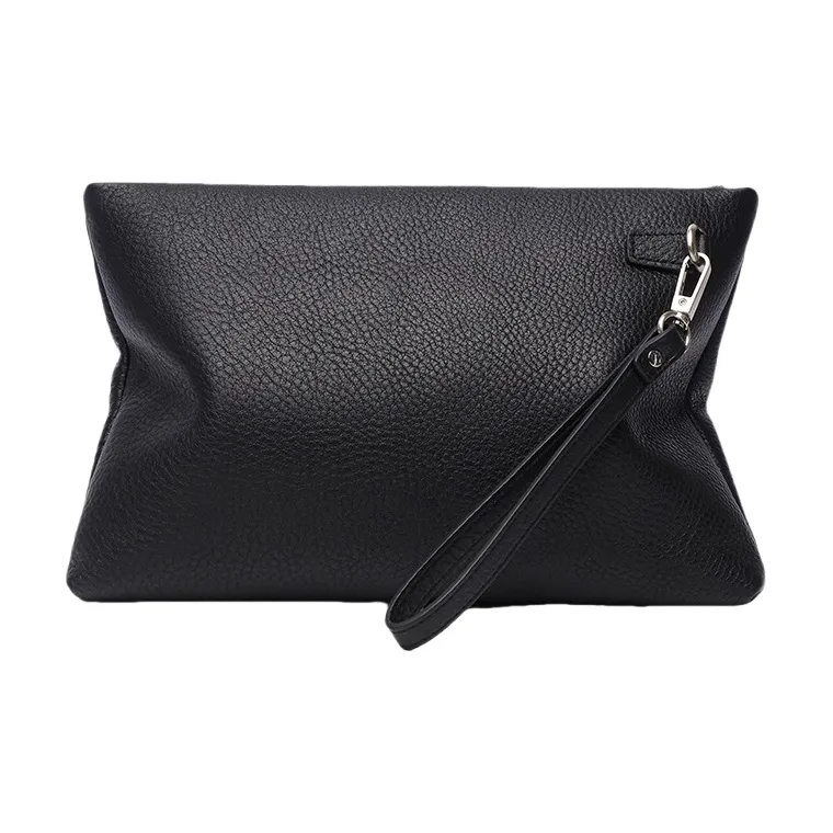 PESASRIE Genuine Leather Top Grain Cow Leather Clutches Wrist Bags Handbags Large Size Men's Black-2