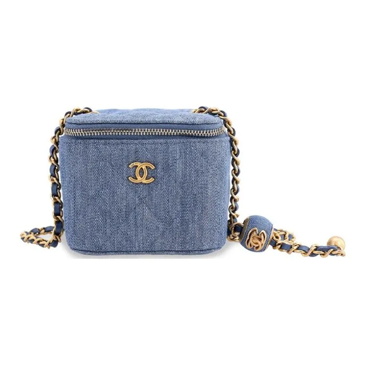 CHANEL 22C Early Spring Small Gold Ball Denim Shoulder Bag, Crossbody Bag Mini Women's Blue-1