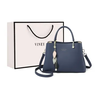 VINEY Cow Leather Handbag Large Size Women's Blue