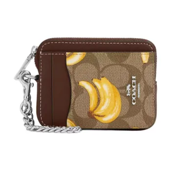 COACH Card Case Signature Coated Canvas Card Holder Mini Women's Silver & Khaki & Dark Color Saddle Brown