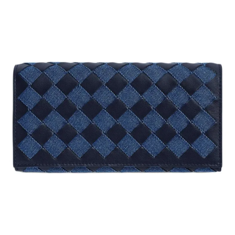 Bottega Veneta Calfskin With Denim Wallet Large Size Women's Abyss & Indigo-0