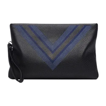 PESASRIE Genuine Leather Top Grain Cow Leather Clutches Wrist Bags Handbags Large Size Men's Black
