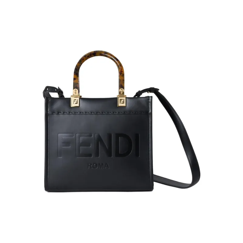FENDI Sunshine Calfskin Tote Bag, Shopping Bag, Shoulder Bag, Crossbody Bag, Handbag Trumpets Women's Black-0