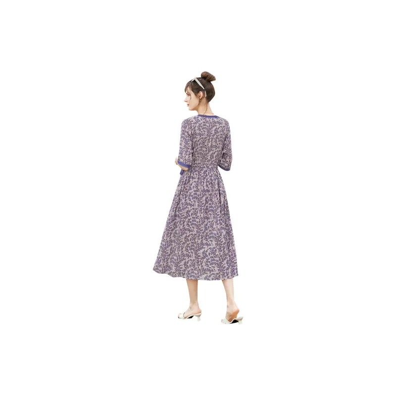 TOUCH SS24 Short-Sleeved Dresses Women's Pink Base With Purple Flowers-1