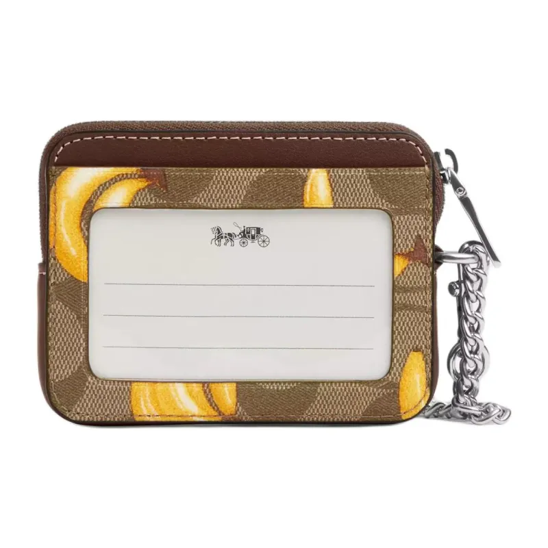 COACH Card Case Signature Coated Canvas Card Holder Mini Women's Silver & Khaki & Dark Color Saddle Brown-1