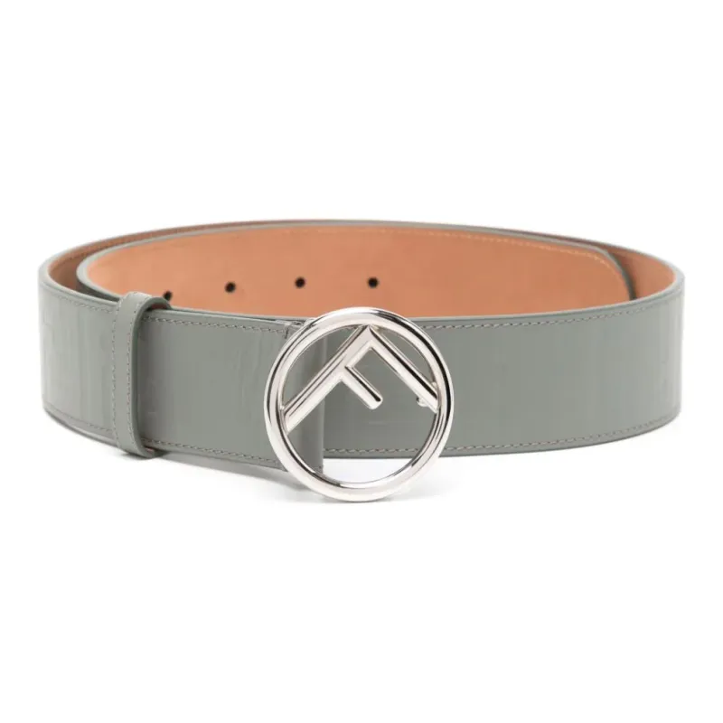 FENDI 2010s Logo-Buckle Leather Belt Smooth Buckle Cortical Metal Leather Belts Women's Gray Width: 4CM-0