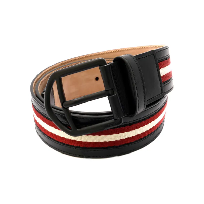 BALLY Print Pattern Pin Buckle Leather Canvas Belt Men's Black-1