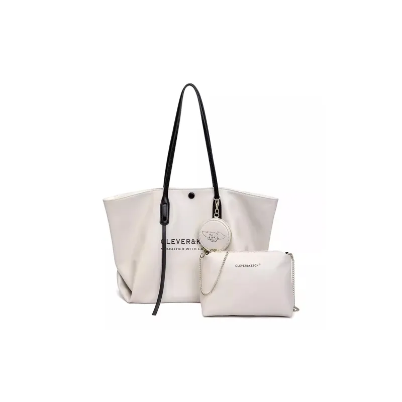 CLEVER& KETCH PU Shoulder Bag, Handbag, Tote Combo Bag Women's Ecru/Black/Khaki-0