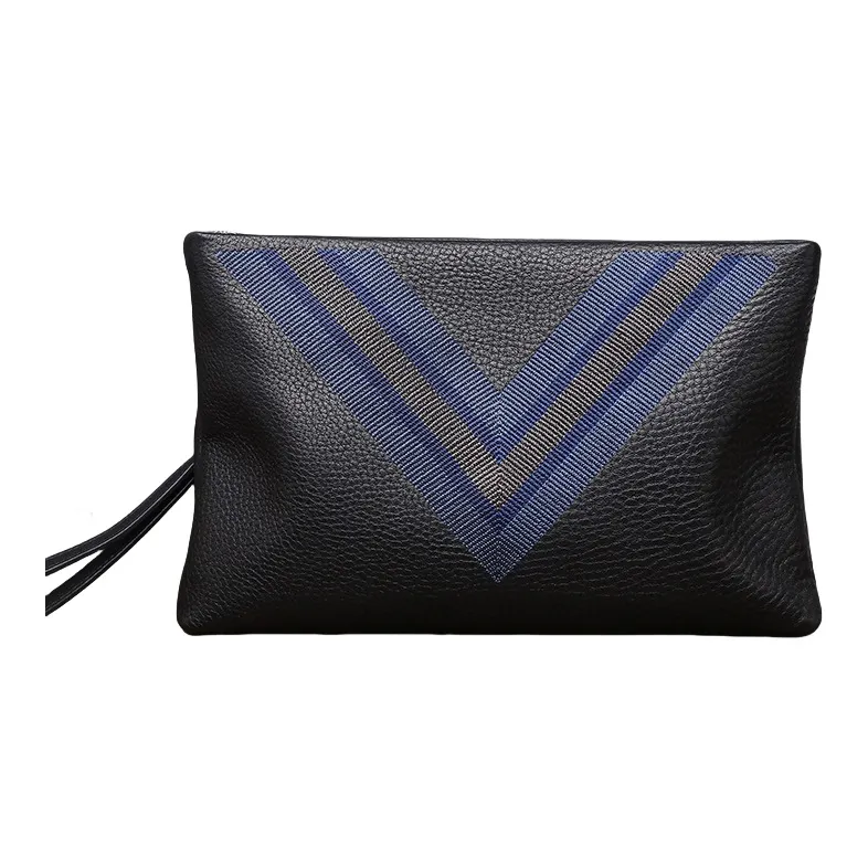 PESASRIE Genuine Leather Top Grain Cow Leather Clutches Wrist Bags Handbags Large Size Men's Black-3