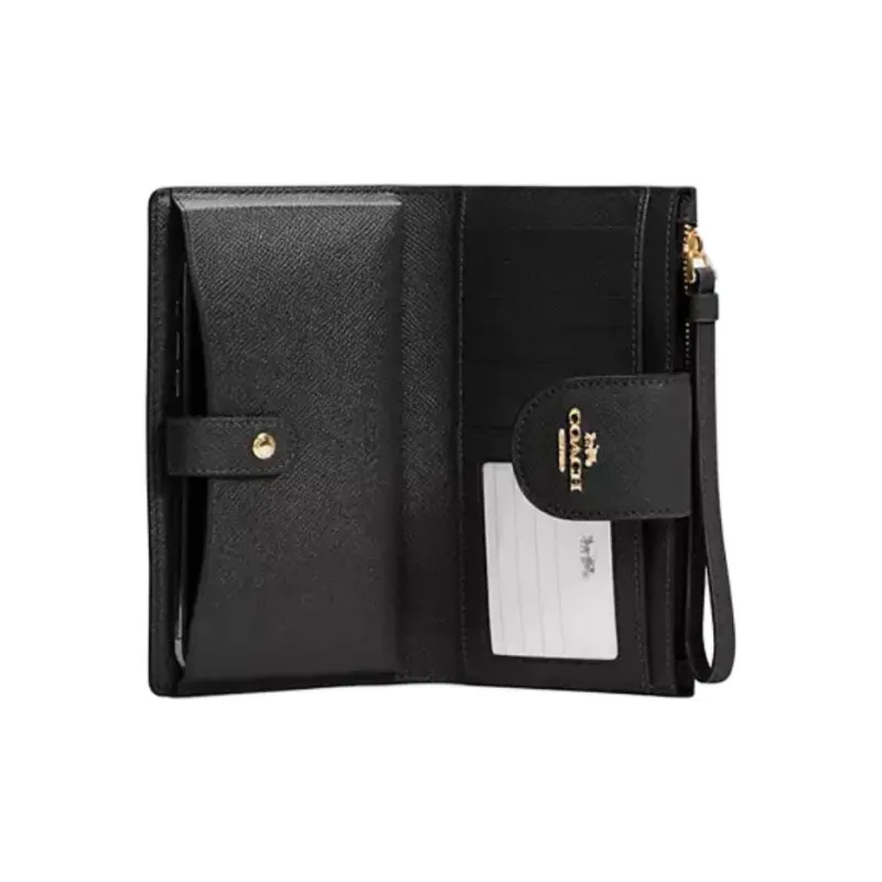 COACH Cross Grain Leather Wallet Trumpets Women's Gold & Black-1