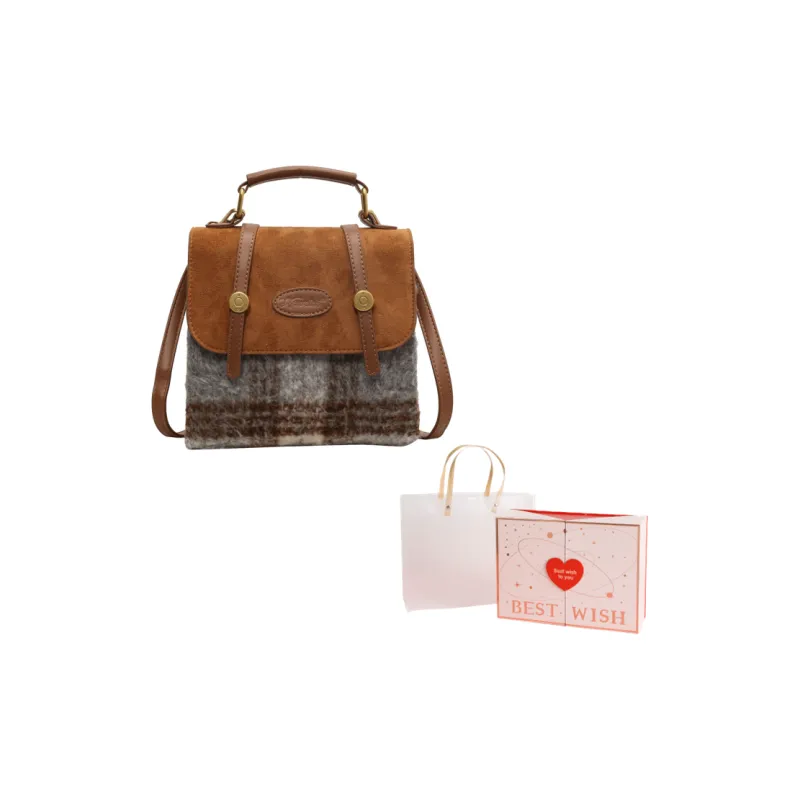 NOMK Woolen With PU Backpack Regular Women's Brown Plaid/Gray Plaid-12