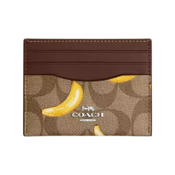COACH Card Case Canvas Card Holder Mini Women's Silver & Khaki & Dark Color Saddle Brown