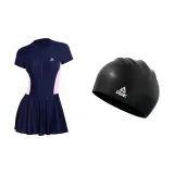 Blue Swim Dresses+Swimming Cap