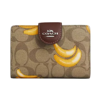 COACH Corner Zip Canvas Wallet Mini Women's Silver & Khaki & Dark Color Saddle Brown