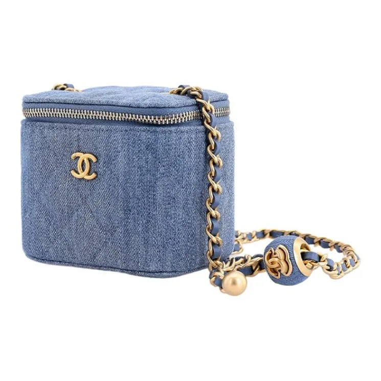 CHANEL 22C Early Spring Small Gold Ball Denim Shoulder Bag, Crossbody Bag Mini Women's Blue-2