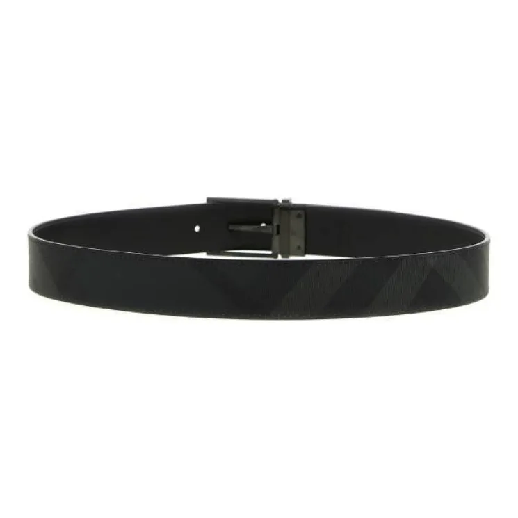 Burberry Plaid Print Design Leather Belts Men's Black Width 3.5CM-1