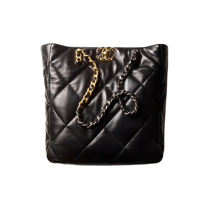CHANEL Lambskin Gold Silver And Ruthenium Colored Metal Tote Bag, Shopping Bag, Shoulder Bag Women's Black-0