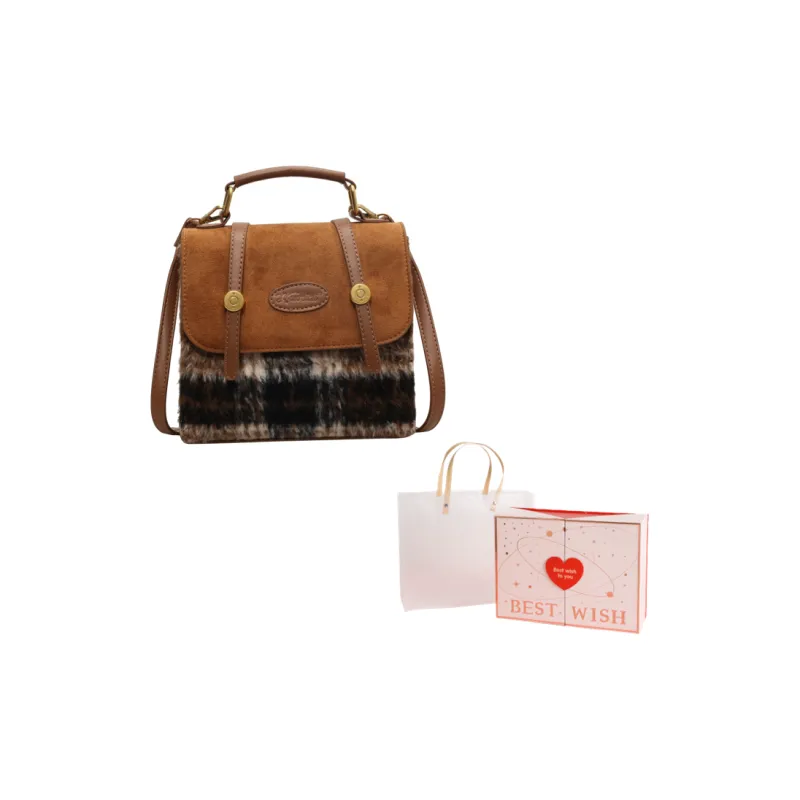 NOMK Woolen With PU Backpack Regular Women's Brown Plaid/Gray Plaid-10