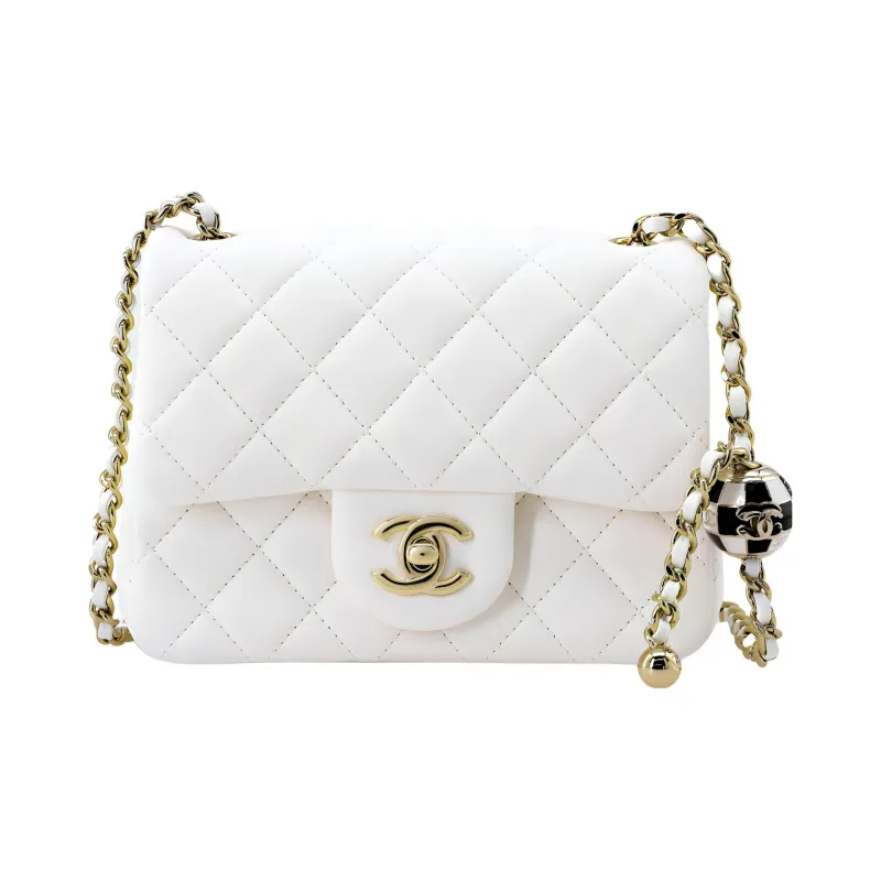 CHANEL Sheepskin Mini Square Flap Bag, Shoulder Bag, Crossbody Bag Women's White-0