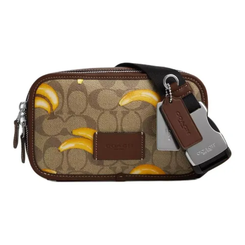 COACH Canvas With Calfskin One Shoulder Crossbody Fanny Pack Small Size Women's Silver & Khaki & Dark Color Saddle
