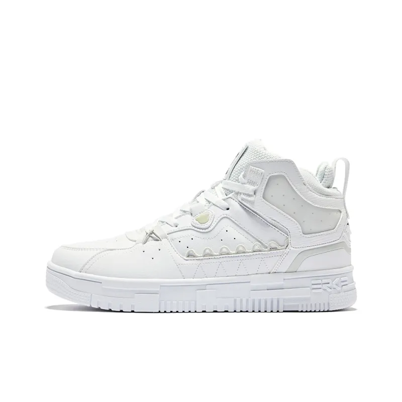 Erke Wear Resistant Slip Resistant High Top Skateboard Shoes Men's True White Jet Black-0