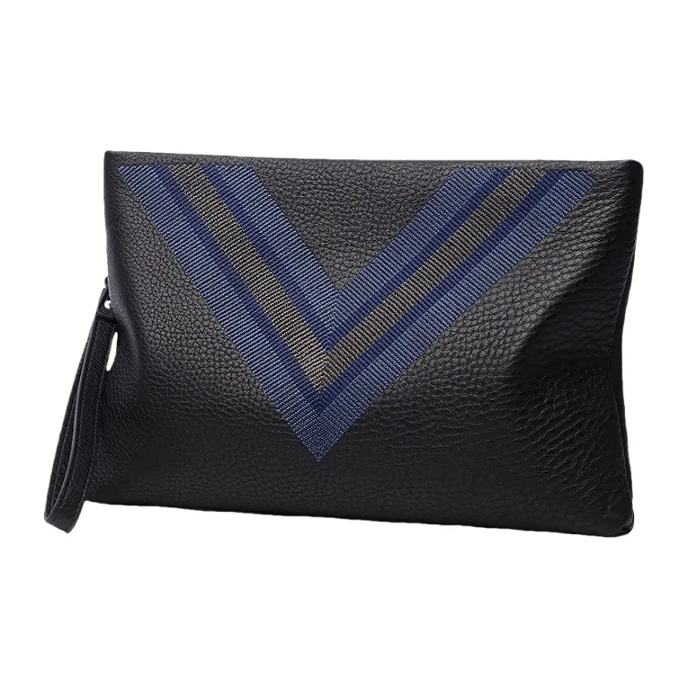 PESASRIE Genuine Leather Top Grain Cow Leather Clutches Wrist Bags Handbags Large Size Men's Black-1