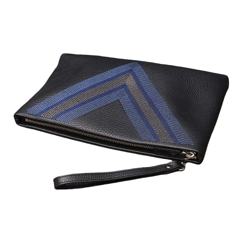 PESASRIE Genuine Leather Top Grain Cow Leather Clutches Wrist Bags Handbags Large Size Men's Black-4