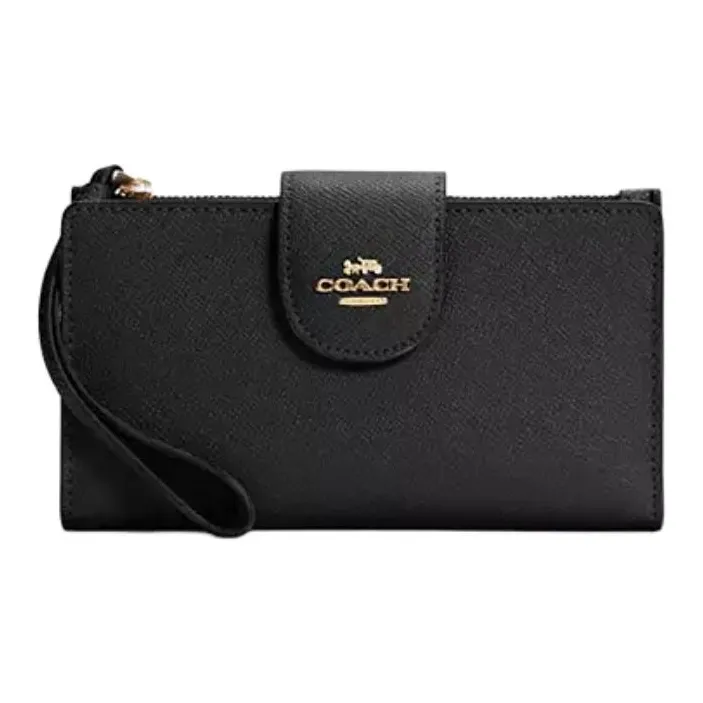 COACH Cross Grain Leather Wallet Trumpets Women's Gold & Black-0