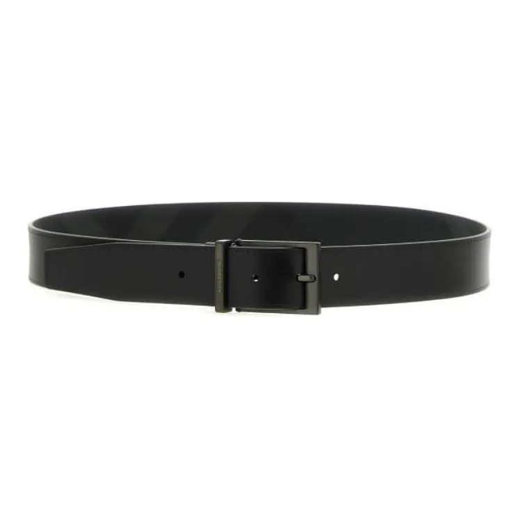 Burberry Plaid Print Design Leather Belts Men's Black Width 3.5CM-0