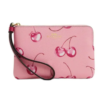 COACH Corner Zip Coated Canvas And Recycled Leather Wrist Bags Clutches Mini Women's Blossom Pink & Bright Purple