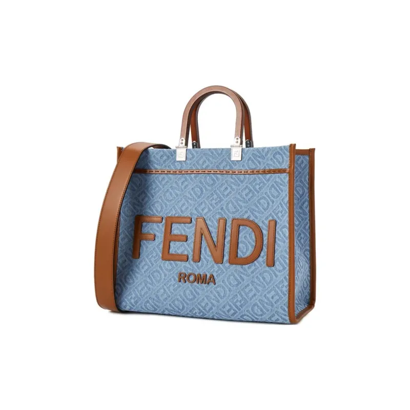 FENDI Sunshine Denim Tote Bag, Shopping Bag, Handbag Medium Size Women's Light Blue-1